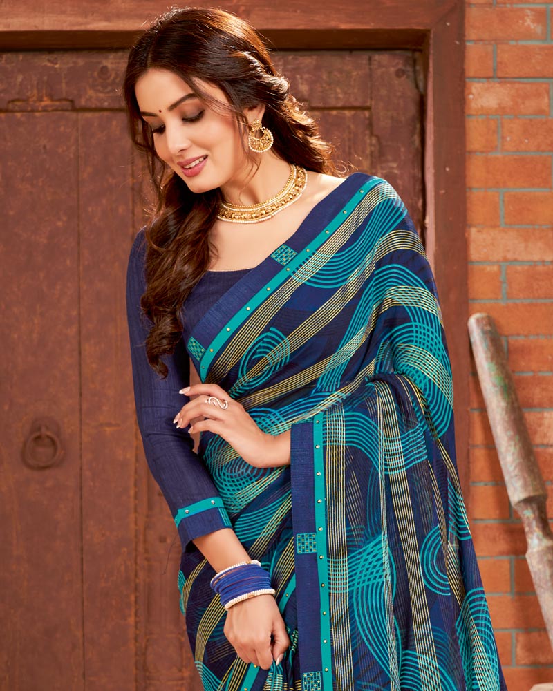 Vishal Prints Ink Blue Printed Chiffon Saree With Border