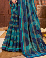 Vishal Prints Ink Blue Printed Chiffon Saree With Border