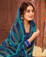 Vishal Prints Ink Blue Printed Chiffon Saree With Border