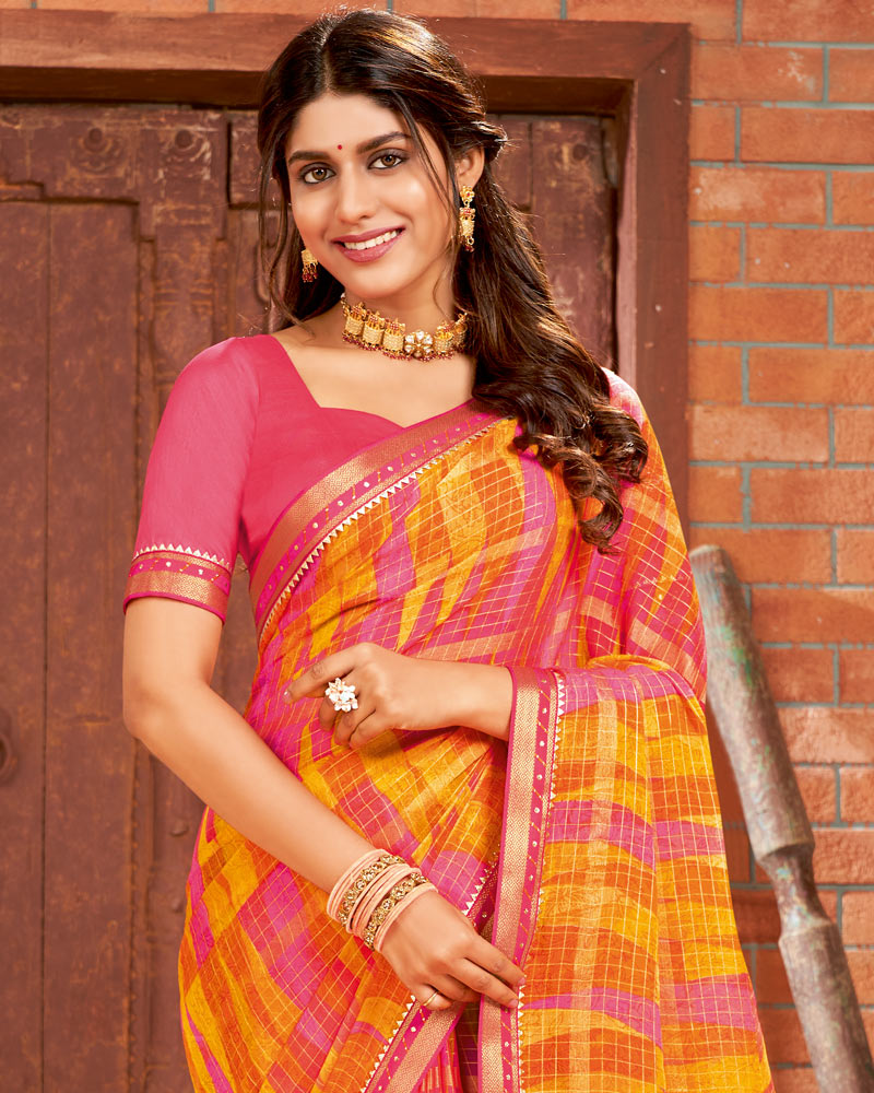 Vishal Prints Dark Yellow Printed Chiffon Saree With Border