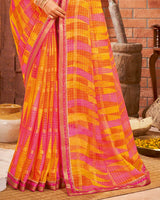 Vishal Prints Dark Yellow Printed Chiffon Saree With Border