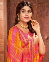 Vishal Prints Dark Yellow Printed Chiffon Saree With Border