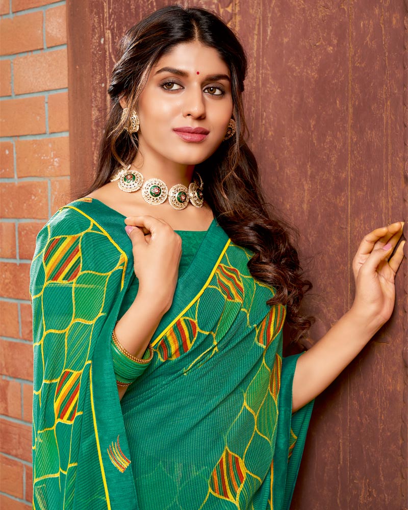 Vishal Prints Teal Green Printed Chiffon Saree With Border