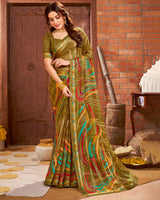 Vishal Prints Khakhi Green Printed Chiffon Saree With Border
