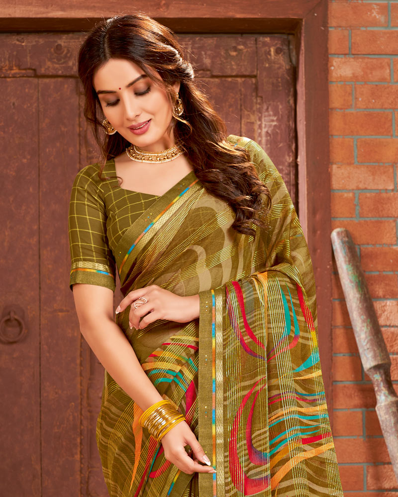 Vishal Prints Khakhi Green Printed Chiffon Saree With Border