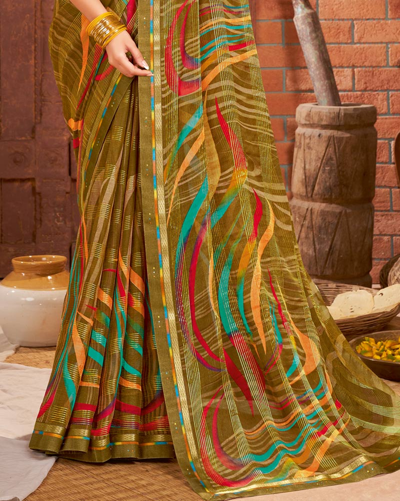 Vishal Prints Khakhi Green Printed Chiffon Saree With Border