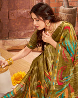 Vishal Prints Khakhi Green Printed Chiffon Saree With Border