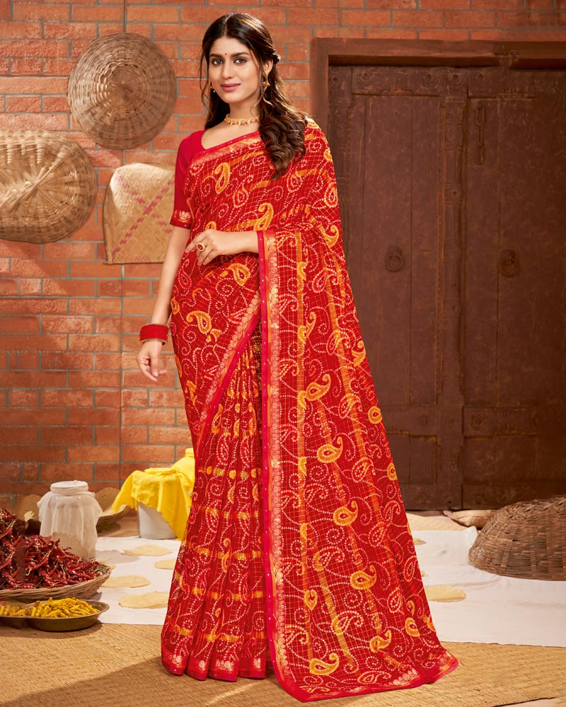 Vishal Prints Dark Red Printed Chiffon Saree With Border