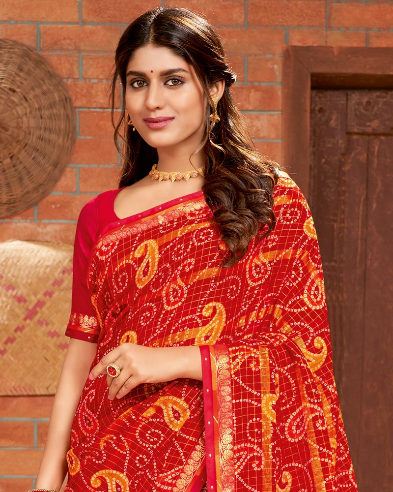 Vishal Prints Dark Red Printed Chiffon Saree With Border