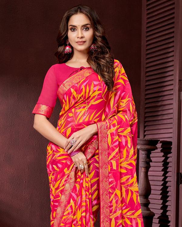 Vishal Prints Red Pink Printed Georgette Saree With Fancy Border