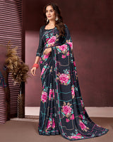 Vishal Prints Dark Navy Blue Printed Georgette Saree With Fancy Border