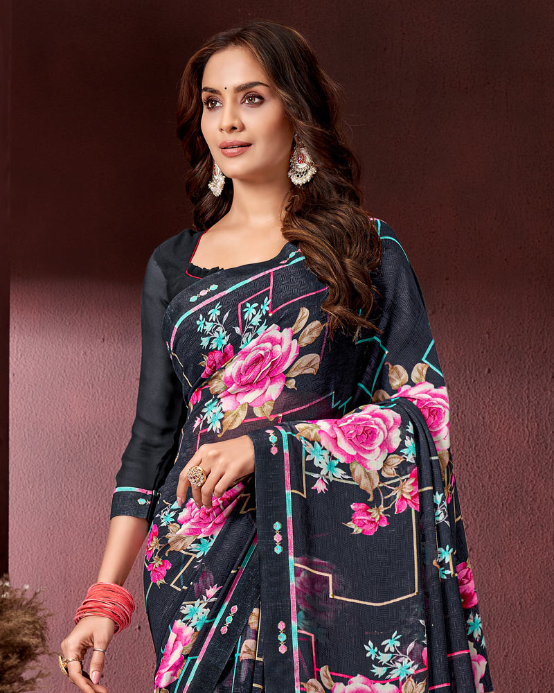 Vishal Prints Dark Navy Blue Printed Georgette Saree With Fancy Border