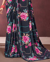 Vishal Prints Dark Navy Blue Printed Georgette Saree With Fancy Border