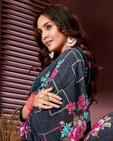Vishal Prints Dark Navy Blue Printed Georgette Saree With Fancy Border
