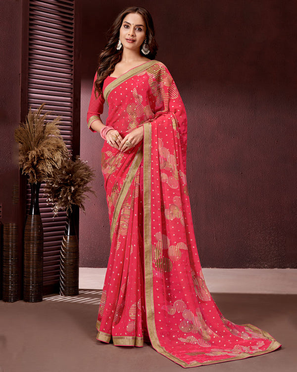 Vishal Prints Red Pink Printed Georgette Saree With Fancy Border