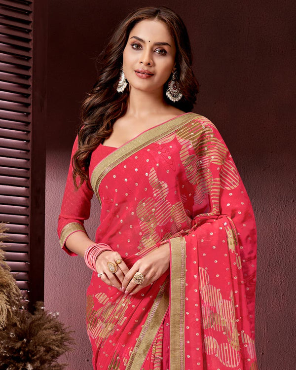 Vishal Prints Red Pink Printed Georgette Saree With Fancy Border