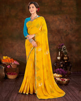 Vishal Prints Dark Yellow Printed Georgette Saree With Foil Print And Fancy Border