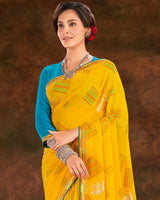 Vishal Prints Dark Yellow Printed Georgette Saree With Foil Print And Fancy Border