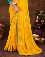Vishal Prints Dark Yellow Printed Georgette Saree With Foil Print And Fancy Border