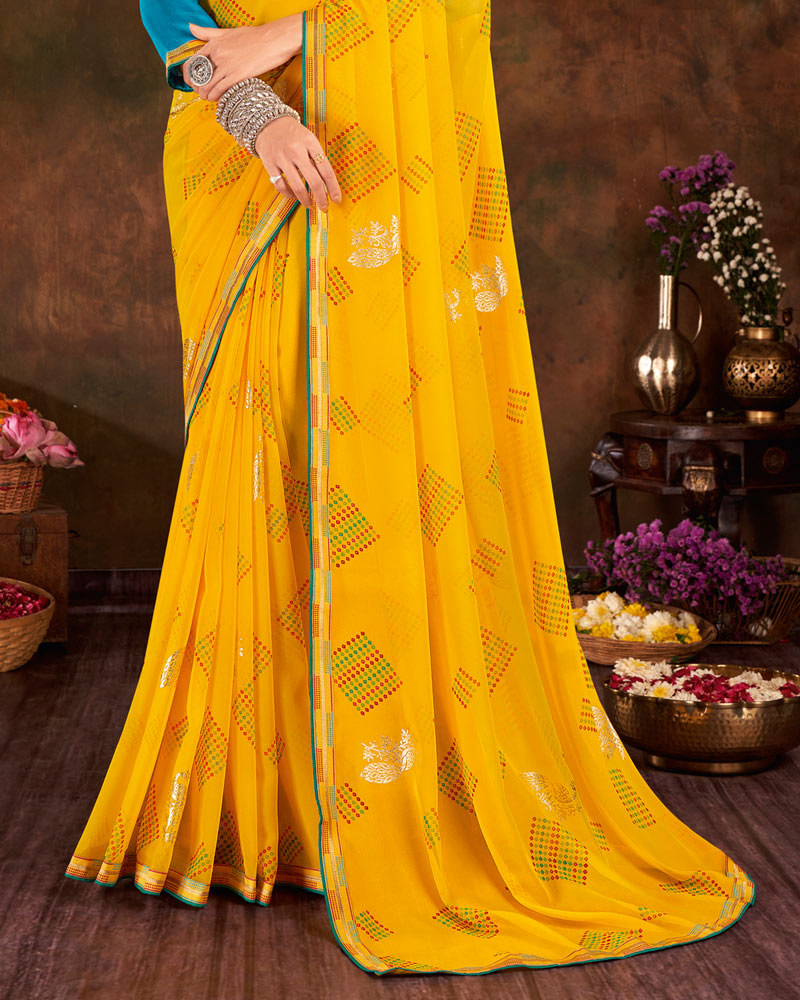 Vishal Prints Dark Yellow Printed Georgette Saree With Foil Print And Fancy Border