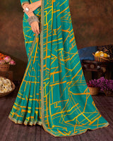 Vishal Prints Teal Blue Printed Georgette Saree With Foil Print And Zari Border