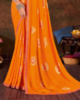 Vishal Prints Orange Printed Georgette Saree With Foil Print And Zari Border