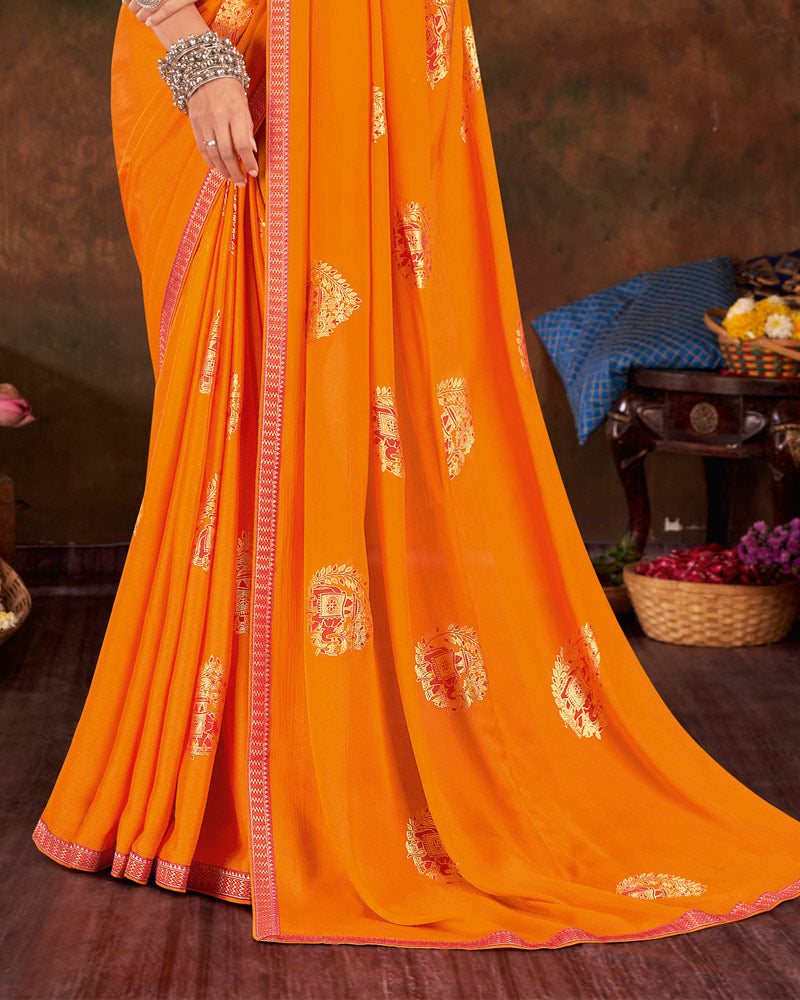 Vishal Prints Orange Printed Georgette Saree With Foil Print And Zari Border