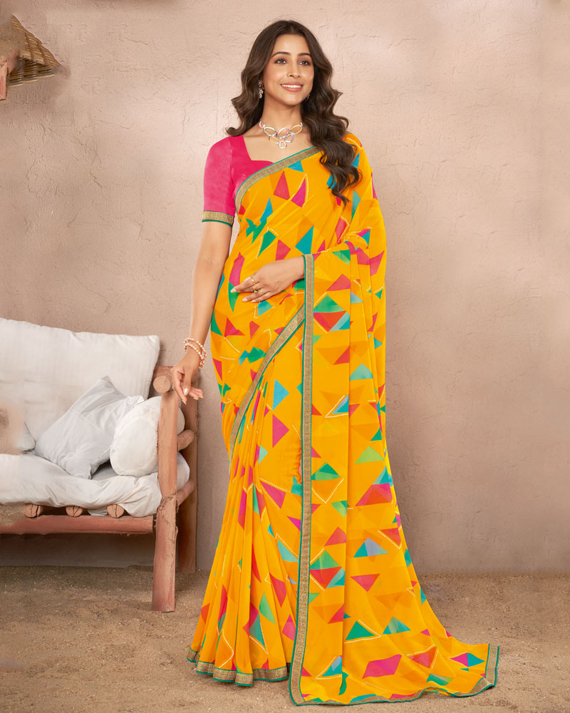 Vishal Prints Golden Yellow Printed Georgette Saree With Foil Print And Fancy Border