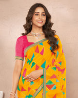Vishal Prints Golden Yellow Printed Georgette Saree With Foil Print And Fancy Border