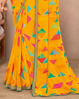 Vishal Prints Golden Yellow Printed Georgette Saree With Foil Print And Fancy Border