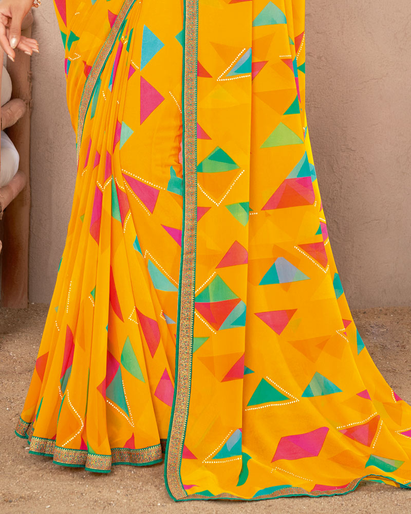 Vishal Prints Golden Yellow Printed Georgette Saree With Foil Print And Fancy Border