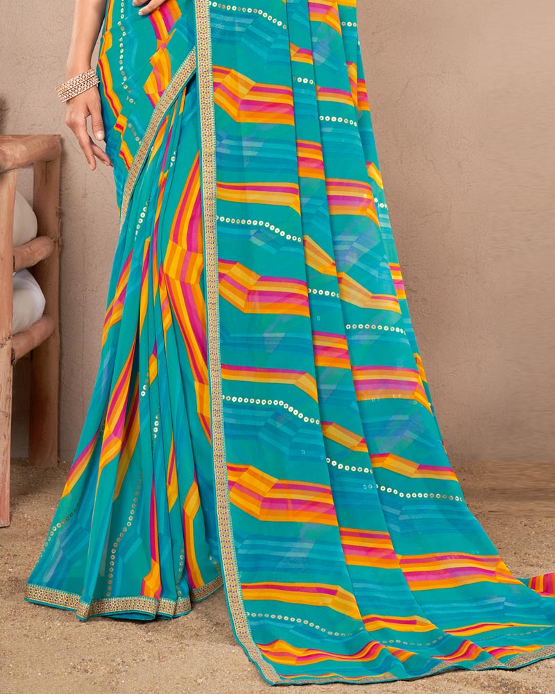 Vishal Prints Dark Turquoise Blue Printed Georgette Saree With Foil Print And Fancy Border