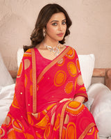 Vishal Prints Flame Red Printed Georgette Saree With Foil Print And Fancy Border