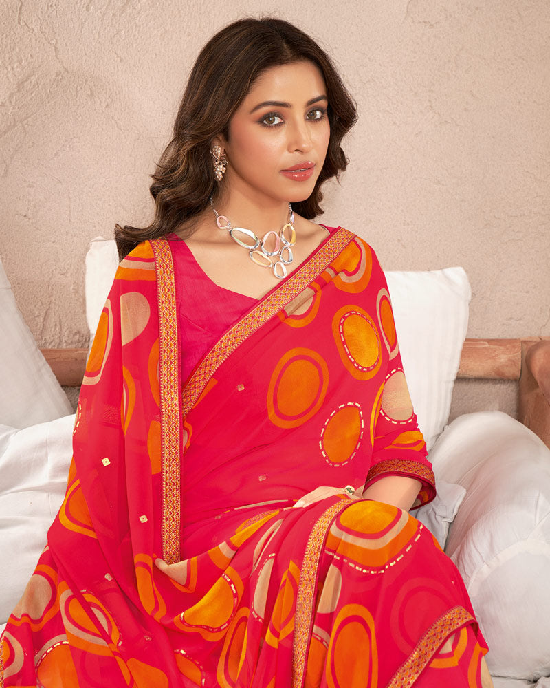 Vishal Prints Flame Red Printed Georgette Saree With Foil Print And Fancy Border
