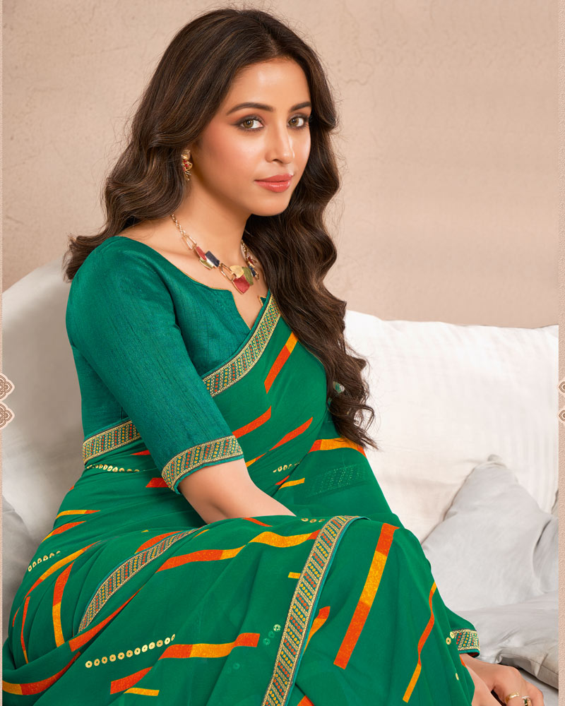 Vishal Prints Dark Green Printed Georgette Saree With Foil Print And Fancy Border