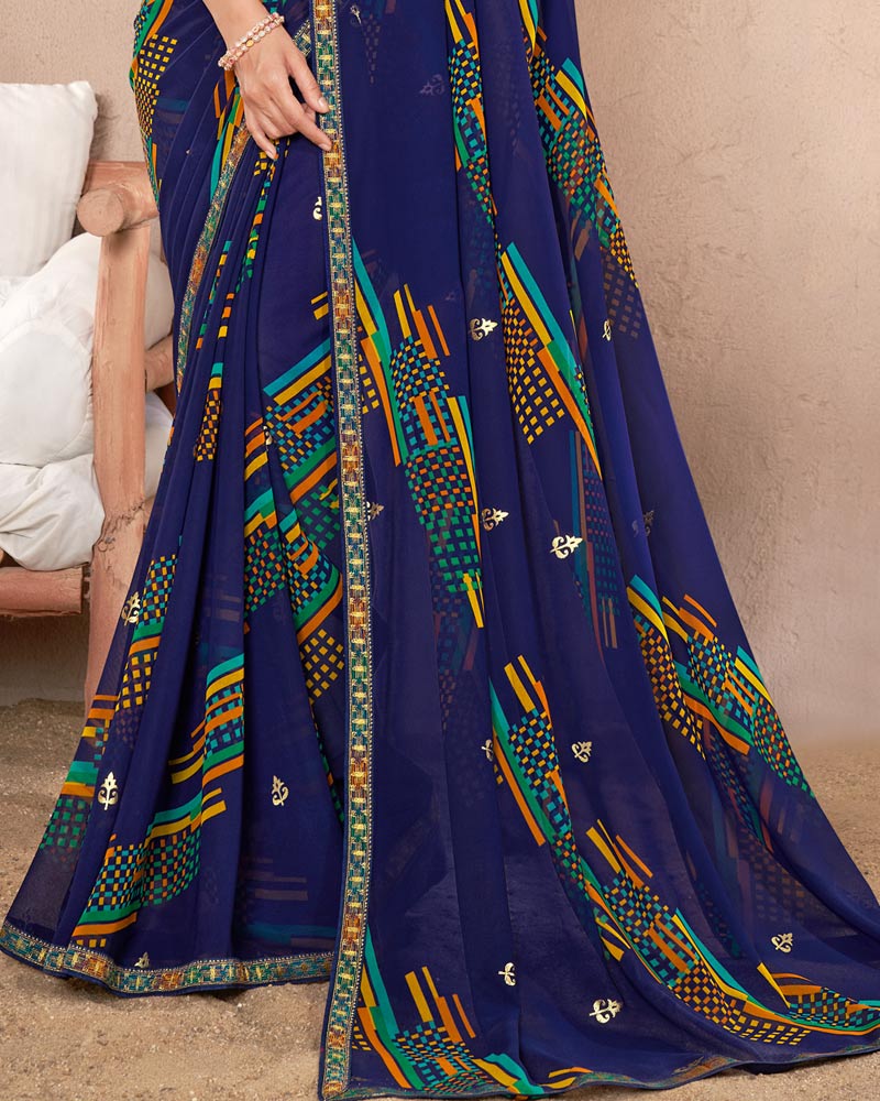 Vishal Prints Navy Blue Printed Georgette Saree With Foil Print And Fancy Border