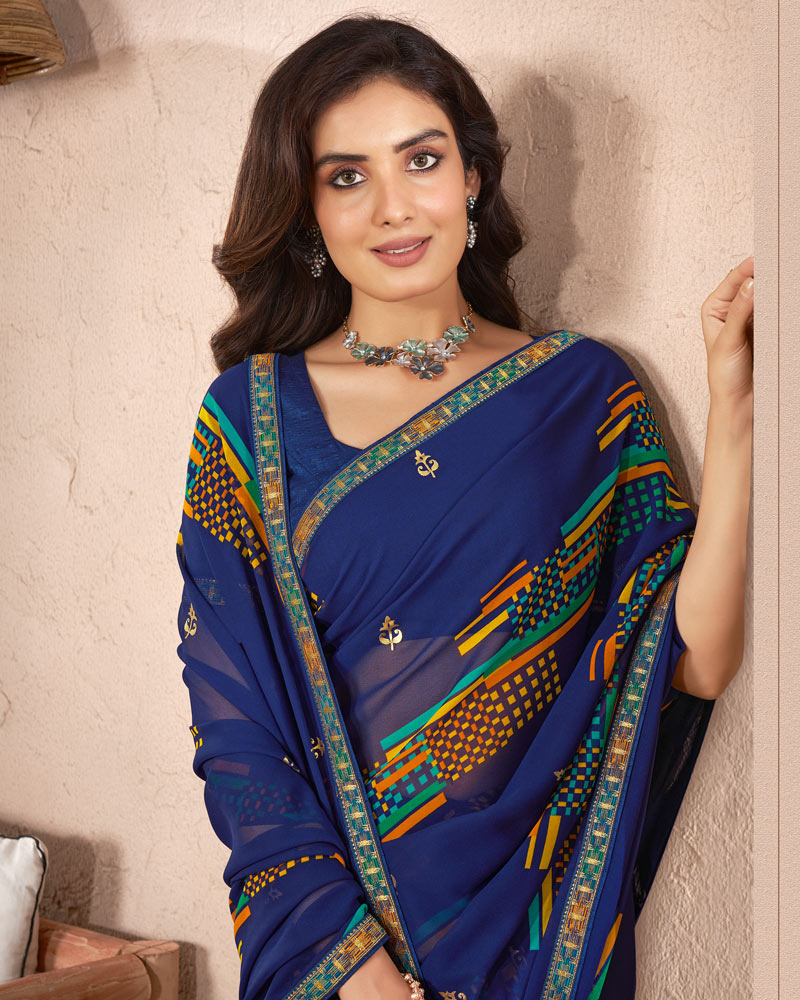 Vishal Prints Navy Blue Printed Georgette Saree With Foil Print And Fancy Border