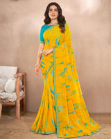Vishal Prints Dark Yellow Printed Georgette Saree With Foil Print And Fancy Border