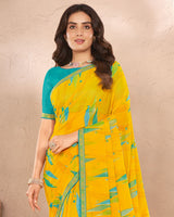 Vishal Prints Dark Yellow Printed Georgette Saree With Foil Print And Fancy Border