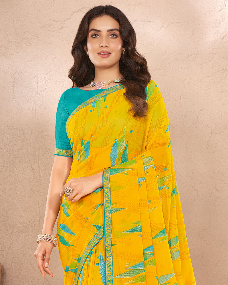 Vishal Prints Dark Yellow Printed Georgette Saree With Foil Print And Fancy Border