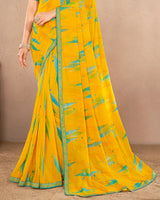 Vishal Prints Dark Yellow Printed Georgette Saree With Foil Print And Fancy Border