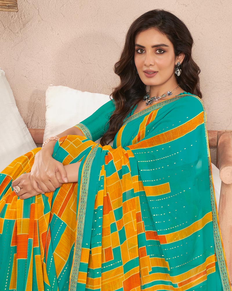 Vishal Prints Teal Green Printed Georgette Saree With Foil Print And Fancy Border