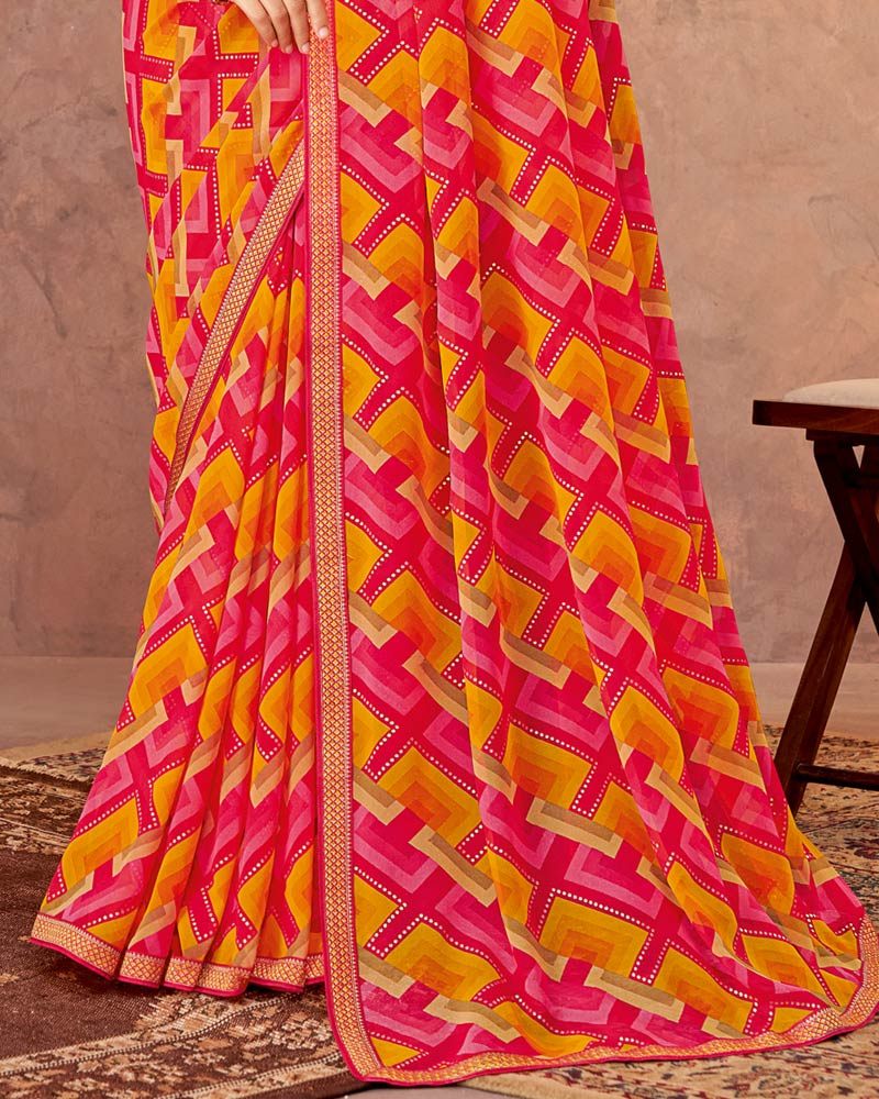 Vishal Prints Red Pink Printed Georgette Saree With Foil Print And Zari Border