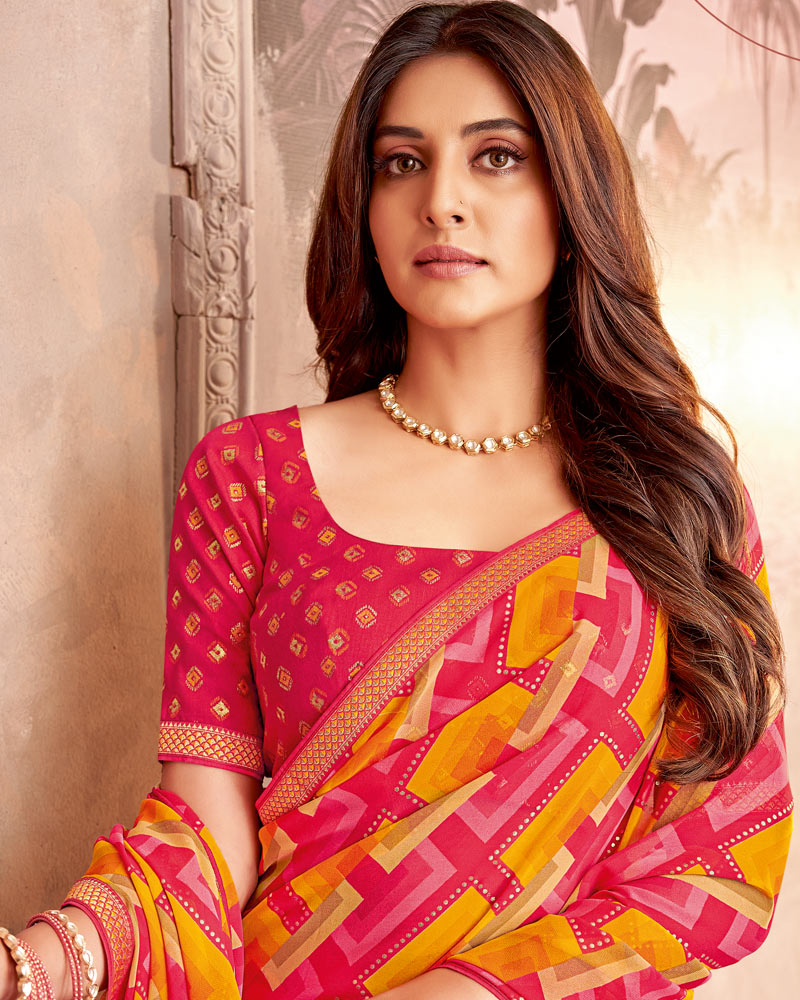 Vishal Prints Red Pink Printed Georgette Saree With Foil Print And Zari Border