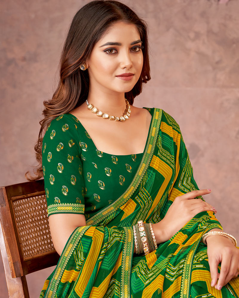 Vishal Prints Bottle Green Printed Georgette Saree With Foil Print And Zari Border