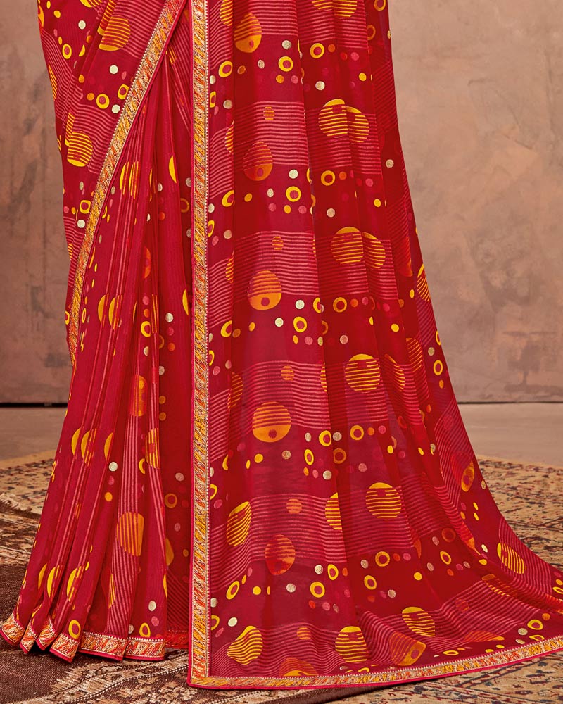 Vishal Prints Dark Red Printed Georgette Saree With Foil Print And Zari Border
