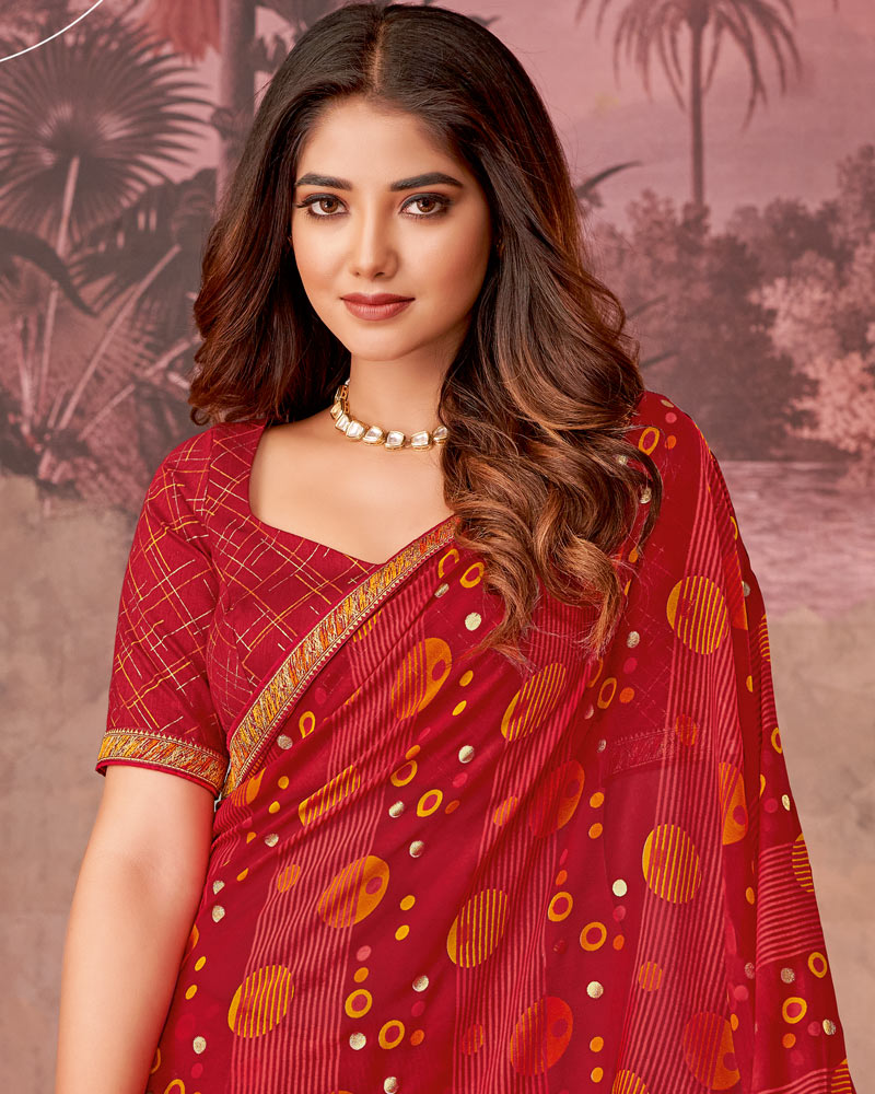 Vishal Prints Dark Red Printed Georgette Saree With Foil Print And Zari Border