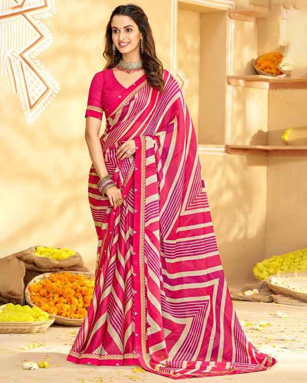 Vishal Prints Red Pink Printed Chiffon Saree With Fancy Border