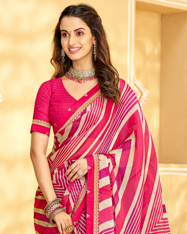 Vishal Prints Red Pink Printed Chiffon Saree With Fancy Border