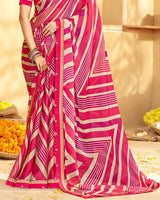 Vishal Prints Red Pink Printed Chiffon Saree With Fancy Border